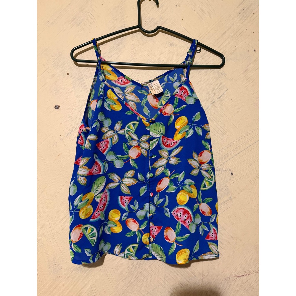 Japna Womens Blue Fruit Print Button Front Camisole Top Size L Watermelon Lemon